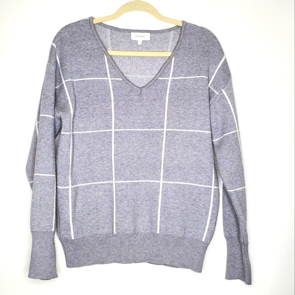 Bohme V-Neck Long Sleeve Sweater Size M Gray White Soft Chunky Knit Pullover